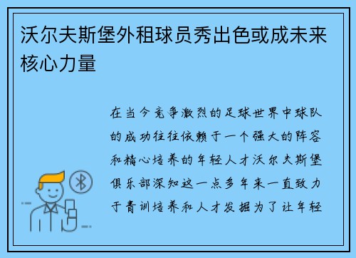沃尔夫斯堡外租球员秀出色或成未来核心力量