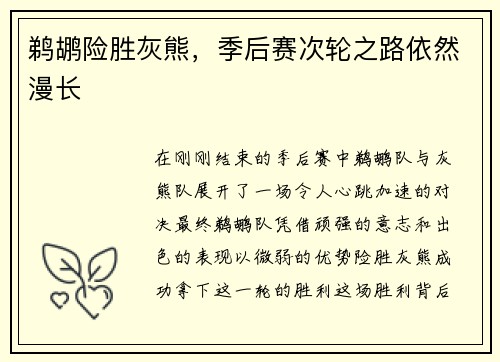 鹈鹕险胜灰熊，季后赛次轮之路依然漫长